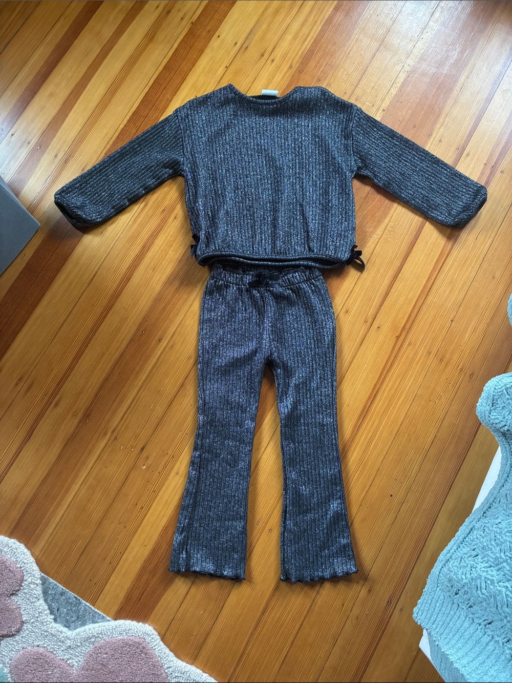 Zara Metallic Ribbed Two-Piece Set - Charcoal